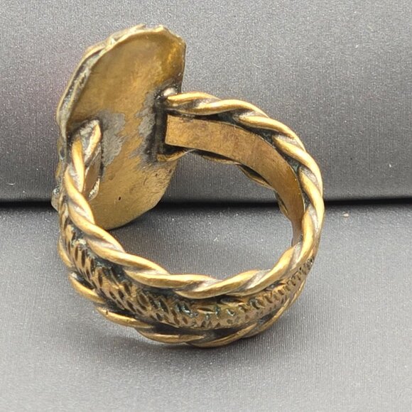 VTG Southwestern Brass & Red Coral Ring Size 8 Leaf Motif Etched Rope Band - Picture 3 of 12